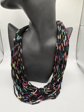 Handmade 30-Strand Seed Bead Black Necklace Pastel Confetti Beads Layered